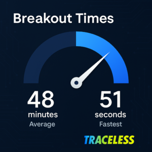 Image showcasing the average breakout time for cyber attackers, 48 minutes is the average; 51 seconds is the fastest.